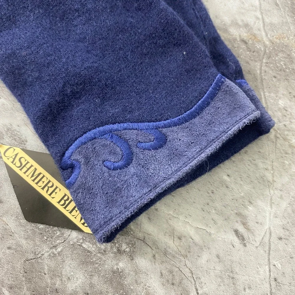 Navy Blue Cashmere Blend Gloves Lambswool Winter One Size Embroidered Cuff‎ NEW